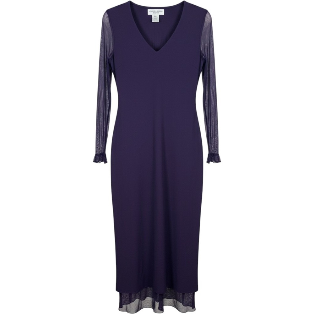 Jones New York Purple V-Neck Beaded Silk Trim Sheer Sleeve Maxi Dress 14 NWT